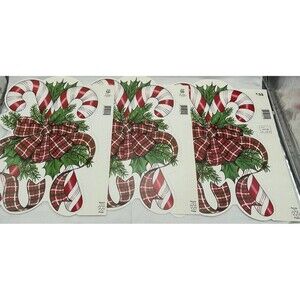 VINTAGE 3 CHRISTMAS EUREKA CANDY CANES, BOW & HOLLY 12" X 8.5" 2 SIDED USA